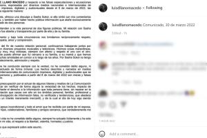 Con este comunicado, Luis de Llano se defendió de la acusación de Sasha Sökol.