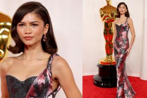 Zendaya desfiló con un vestido rosa y plateado con estampado de palmeras de Armani Pirvé y joyas de Bulgari.
