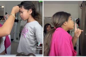 Niña arregla el cabello de su hermana para que la mamá no la regañe.