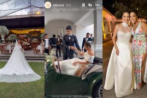 El vestido de Maity Interiano era uno al inicio de la ceremonia y fiesta y fue otro en la fiesta (derecha).