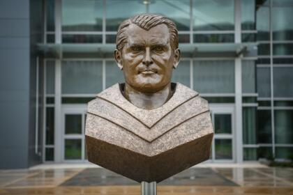 A bust of Wernher von Braun is seen at the administration complex of NASA's Marshall Space Flight Center on Wednesday, July 17, 2019, in Huntsville, Alabama. - Wernher von Braun was the rocket engineer who designed the Nazi's dreaded V-2 missile that rained death on Allied cities in World War II, and later the visionary architect behind the Apollo program that put man on the Moon. (Photo by Loren ELLIOTT / AFP) (Photo by LOREN ELLIOTT/AFP via Getty Images)