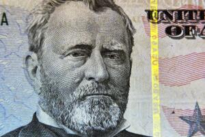 A close-up of the front of the US $50-do