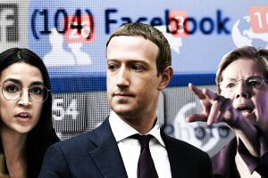 La representante Alexandria Ocasio-Cortéz, el CEO de Facebook Mark Zuckerberg y la precandidata demócrata presidencial Elizabeth Warren.