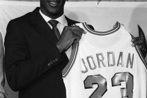Michael Jordan Displaying His Team Jersey