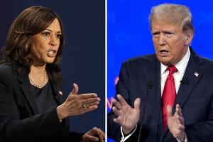 La candidata presidencial demócrata Kamala Harris, izquierda, habla durante un debate el 7 de octubre de 2020, en Salt Lake City, y su homólogo republicano Donald Trump toma la palabra durante un debate del 27 de junio de 2024, en Atlanta.