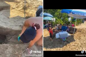 Familia hace su propia sala y mesa con arena de playa.