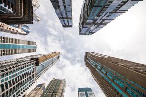 DUBAI, UNITED ARAB EMIRATES - OCTOBER, 2018: View up on Skycrapers near Dubai Marina, Dubai