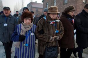 Survivors walk in the former Nazi German concentration and extermination camp Auschwitz-Birkenau in Oswiecim