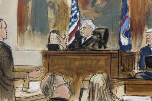 En este boceto de la sala del tribunal de Nueva York, el juez Arthur Engoron, en el centro, habla con el abogado del expresidente Donald Trump, Chris Kise, a la izquierda, indicándole que le pida a Trump (en el extremo derecho) que se limite a responder las preguntas del fiscal general. A lol argo de la jornada.