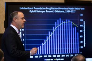 El fiscal de Oklahoma, Brad Beckworth, presenta los argumentos de la acusación al inicio del juicio en un tribunal de Norman, Oklahoma.