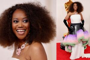 La actriz Erika Alexander, de la película 'American Fiction' llegó con esta colorida falda.