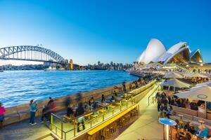 People dining at outdoor restaurants in Circular Quay in Sydney
