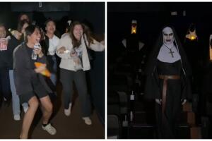 Tiktoker se disfraza de 'La Monja' para asustar en un cine.