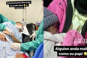 A la izquierda, la foto que publicó la esposa de Eduin Caz que ha despertado alarmas. Horas antes, el cantante dijo que su hija estaba "malita" al igual que él.