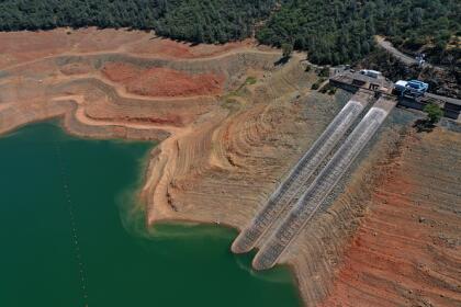 OROVILLE, CALIFORNIA - JULY 22: In an aerial view, intake gates are visible at the Edward Hyatt Power Plant intake facility at Lake Oroville on July 22, 2021 in Oroville, California. As the extreme drought emergency continues in California, Lake Oroville's water levels are continuing to drop to 28 percent of capacity. State water officials say that Lake Oroville's Edward Hyatt Power Plant might be forced to shut down the hydroelectric plant as soon as August or September if water levels continue to drop. (Photo by Justin Sullivan/Getty Images)