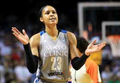 MINNEAPOLIS, MN - SEPTEMBER 24: Maya Moore #23 of the Minnesota Lynx is dejected after the Los Angeles Sparks went ahead during the fourth quarter of Game One of the WNBA finals at Williams Arena on September 24, 2017 in Minneapolis, Minnesota.(Photo by Andy King/Getty Images)