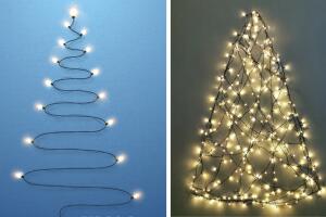 Árboles de Navidad en la pared hechos con tiras de luces navideñas