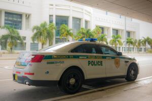 Police car on Miami streets. Police Department serving Miami-Dade County and has more than 3 thousand officers
