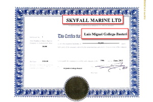 Certificado Skyfall Marine LTD Luis Miguel