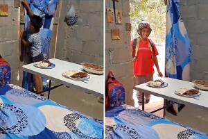 El niño se escondió para que pudieran captar la cara de sorpresa de su padre
