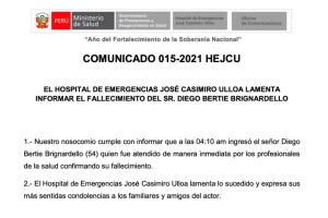 Comunicado del hospital sobre la muerte del actor Diego Bertie.