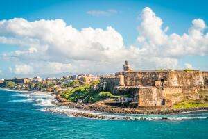 Panoramic landscape of historical castle El Morro along the coastline, San Juan, Puerto Rico.