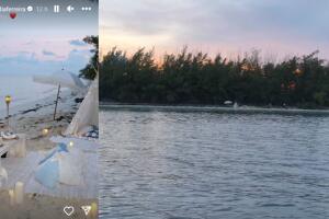 Nadia Ferreira le brindó una romántica cena a Marc Anthony en lo que pareció ser una playa privada o virgen.  