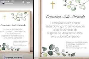 Esta es la invitación a una misa en memoria de Ernestina Sodi que compartió su hija Marina. Está convocada para la noche de este domingo 10 de noviembre en Mérida, Yucatán.