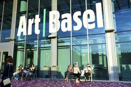 A view from outside of the main entrance of Art Basel on Thursday, Dec. 5, 2024, at Miami Beach Convention Center in Miami Beach. (Photo by Scott Roth/Invision/AP)