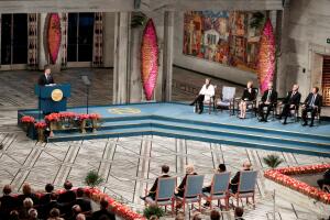 Nobel Peace Prize laureate Colombian President Juan Manuel Santos gives a speech during the Peace Prize awarding ceremony at the City Hall in Oslo