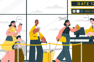 Ilustracion de personas viajando en un aeropuerto