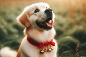 Perro con listón rojo