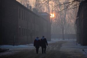 Survivors walk in the former Nazi German concentration and extermination camp Auschwitz-Birkenau in Oswiecim