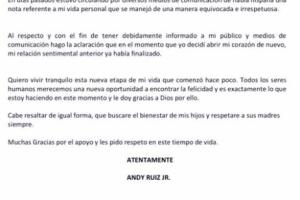 Comunicado Andy Ruiz Jr. sobre Mayeli Alonso