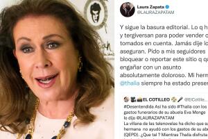 Laura Zapata negó haber dicho que Thalía "no le ha preguntado ni cuánto gastó en el funeral" de su abuela Eva Mange.