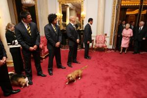 La reina Isabel y el equipo de rugby All Blacks de Nueva Zelanda en el Bow Room.jpg
