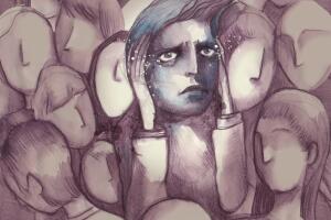 Person having a panic attack amidst a faceless crowd