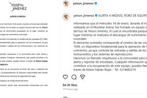Así fue denunciado públicamente en Instagram el presunto robo al equipo de Yeison Jiménez en pleno homenaje póstumo.  