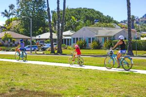 Three people riding bicycles in Santa Barbara CA