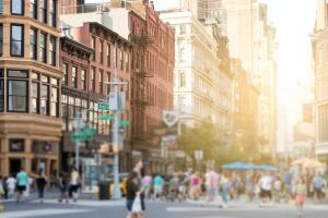 Crowds of anonymous people gather in Union Square Park in New York City