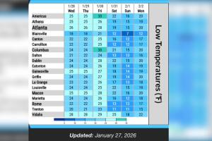 Tabla de temperaturas previstas en ciudades de Georgia la semana del 28 de enero al 2 de febrero. 