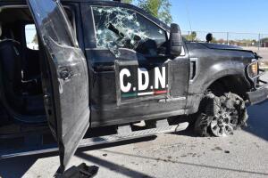 A pick up truck is pictured after clashes sparked by suspected cartel gunmen in a northern Mexican town killed 20 people this weekend in Villa Union
