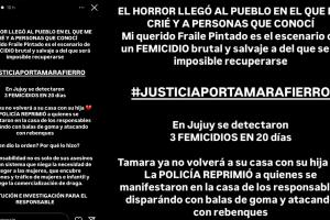 Cazzu pidió justicia por Tamara Fierro, una joven asesinada en Fraile Pintado, la ciudad natal de la cantante, quien solo horas antes de esta publicación había abandonado México junto a su hija Inti.