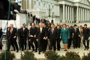 Democratic Leader Richard Gephardt walks out