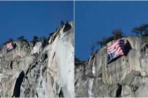 Despliegan al revés bandera de Estados Unidos en modo de potesta por despidos a empleados de los Parques Nacionales del país. 