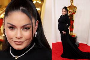 La actriz y cantante Vanessa Hudgens lució así su embarazo en la alfombra roja. Su vestido es Vera Wang y las joyas Chopard.