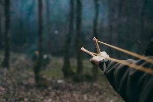 A rock is pulled back in an sling shot pointed