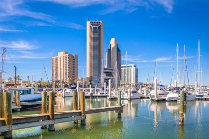 Corpus Christi, Texas, USA skyline on the bay in the day.