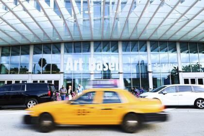 A view from outside of the main entrance of Art Basel on Thursday, Dec. 5, 2024, at Miami Beach Convention Center in Miami Beach. (Photo by Scott Roth/Invision/AP)