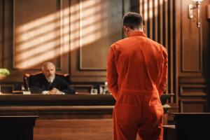 Court of Law and Justice Trial Proceedings: Law Offender in Orange Jumpsuit is Questioned and Giving Testimony to Judge, Jury. Criminal Denying Charges, Pleading, Inmate Denied Parole.